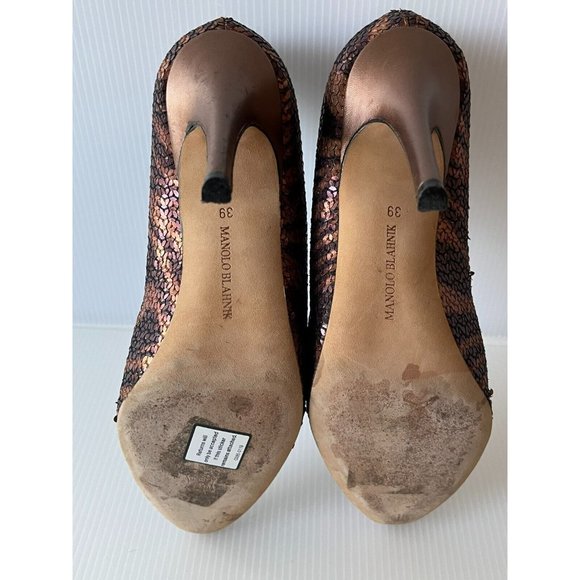 Manolo Blahnik Purple & Bronze Sequin Animal Stripe Heels, Size 39 (IT) 9 (US) - Picture 8 of 11